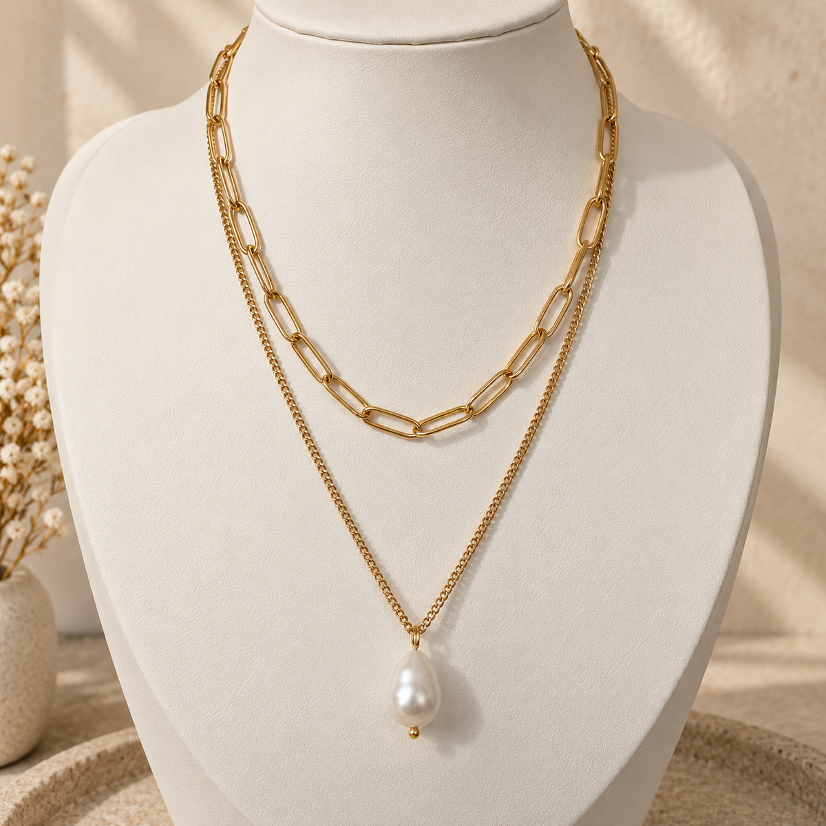 Layered Pearl Drop Necklace